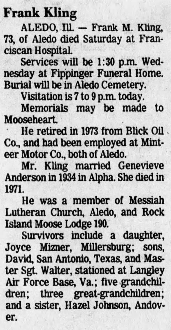 Obituary for Frank M. Kling (Aged 73)